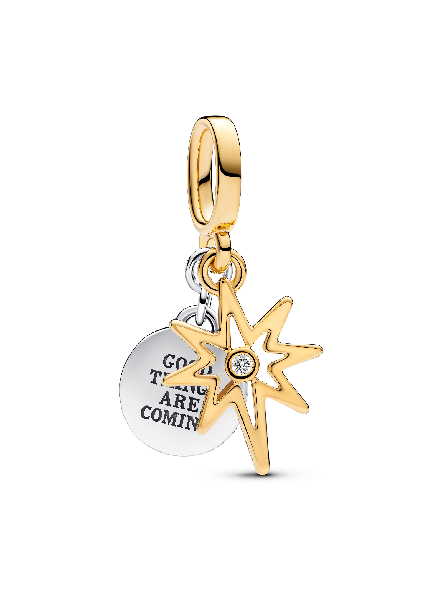 Engravable star sterling silver and 14k gold plated double dangle with 0.016 ct TW G-I VS2+ round brilliant lab-grown diamond